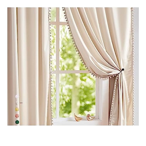 Image of Amazon Brand - Umi Velvet Eyelet Door Curtains with pom pom Lace for Living Room Bedroom Kitchen 1 pc Pack in Beige Color (Windows - 4 feet x 6 feet)