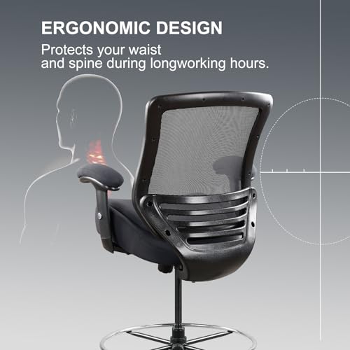 Image of 400lbs Wide Mid-Back Office Drafting Chair with Extra Seat Cushion for High Standing Desk with Lumbar Support and Enlarged Adjustable Footring(Gray)