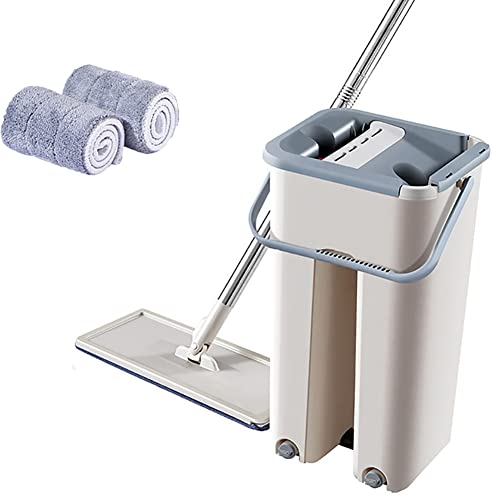 Ochine Mop and Bucket Floor Cleaning Microfiber Flat Mop Hand Free Home Hardwood Floor Self Cleaning Squeeze Mop and Bucket System with 2Pcs Washable Reusable Mop Pads Wet and Dry Use