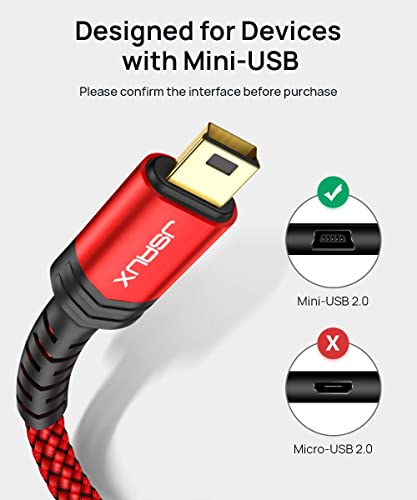 JSAUX Câble mini USB [2 pièces 1M+2M] Câble de charge USB 2.0 Mini B compatible avec manette PS3, Dash Cam, Garmin GPS Navi, Blue Yeti, Ti-84 Plus CE lecteur MP3, Tiptoi, Canon rouge