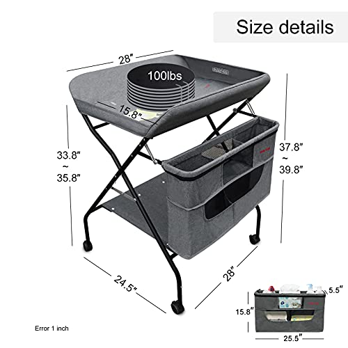 Holy Cat Baby Portable Changing Table With Wheels Adjustable Height Folding Infant Diaper Station Mobile Nursery Stand With Newborn Lightweight Large Storage Rack - Grey #TOP2