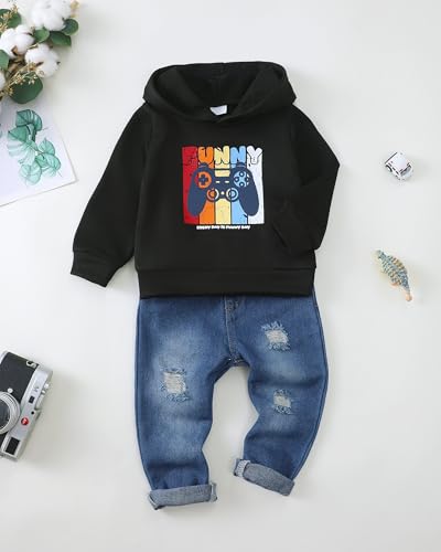 Image of Renotemy Toddler Baby Boy Clothes Denim Outfits Infant Hooded Sweatshirt Jeans Pants Little Boys Clothing