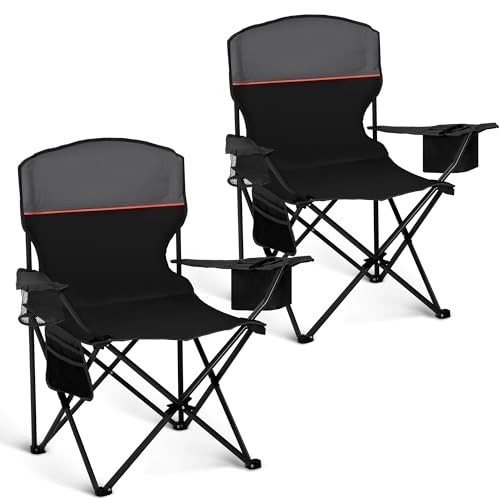 HIGH POINT SPORTS 2er Set Klappstuhl Campingstuhl Faltstuhl Komfortable Anglerstuhl mit Getränkehalter & Kühlfach, bis 120Kg Belastbar, Anglersessel klappbar Gartenstuhl Faltstuhl Relaxsessel, Schwarz
