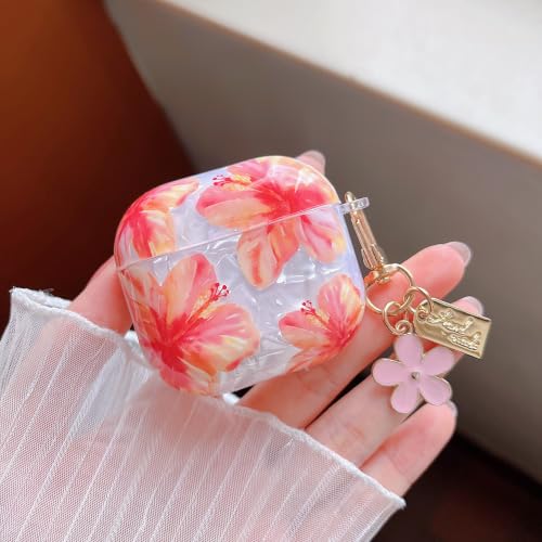 Image of MINSCOSE for Cute Glitter AirPods 4 Clear Case,Shell Pattern Hibiscus Flower Design with Kawaii Floral Keychain,Soft TPU Protective Cover with Cleaner Kit for Girls Women for AirPods 4-Red