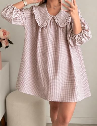 Image of Ynhonra Women's Gingham Mini Dress 3 /4 Puff Sleeve Babydoll Doll Collar