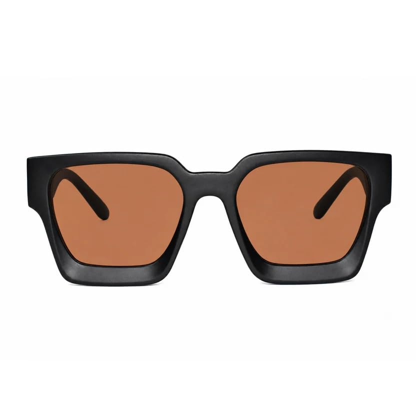 Image of ELINE Premium Black Square Sunglasses for Men | Orange UV Protection Lenses | Bold Designer Eyewear | Lightweight Fashion Shades for Driving, Travel & Outdoor Wear