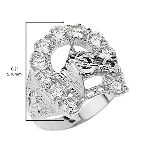 .925 Sterling Silver White Cubic Zirconia Horseshoe with Horse Head Nugget Style Shank Lucky Statement Ring - Size 93