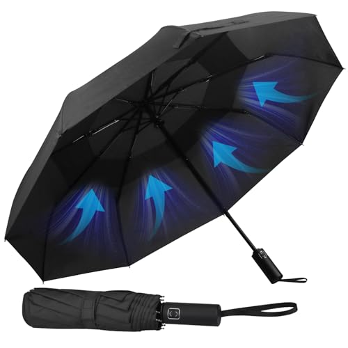 Hannstar Folding Travel Umbrella Windproof Strong - Easy Auto Open Close, Lightweight, Durable and Compact Brolly - Wind Resistant, Small Backpack Rain Umbrella for Women & Men