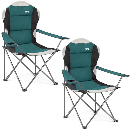 Image of Trail Kestrel High Back Folding Camping Chair – 2 Pack, Luxury Padded Seat with Breathable Mesh, Heavy Duty Tubular Steel Frame, Cup Holder Armrest, Lightweight & Portable with Carry Bag (Teal)