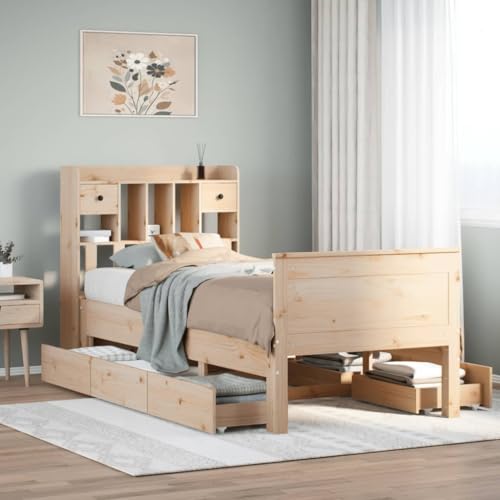 SKM Cama con estantería sin colchón Madera Maciza de Pino 75x190 cm,Mobiliario,Camas y Accesorios,Camas y somieres,Marrón,49.4 kg,3308945