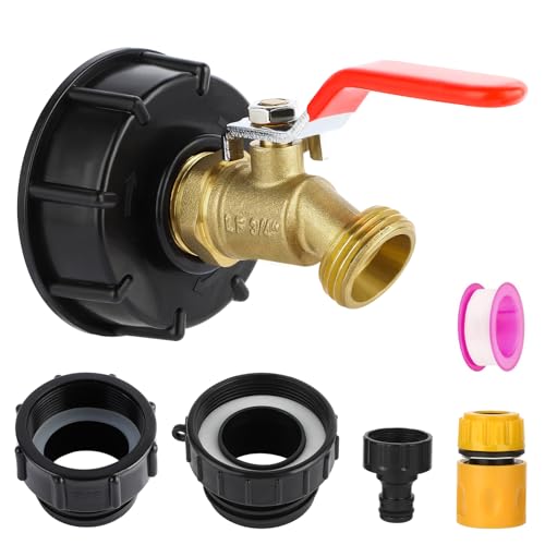 275-330 Gallon IBC Tote Hose Adapter, 3/4" Male NPT Inlet 3/4" Male GHT Threaded (Red Handle, Lead-Free Brass faucet), 3-Size IBC Tote Adapter, Includes 2.44" Fine, 2" Fine, and 2&...