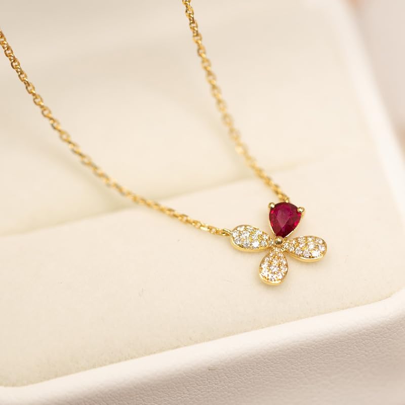 Ruby Clover Necklace for Women, 14K Gold Plated Dainty CZ Lucky Ruby Leaf Choker Necklace to Daughter S925 Sterling Silver Red Crystal Gemstone Birthstone Pendant Necklace for Mother Valentines Day Birthday Jewelry Gifts - Image 2