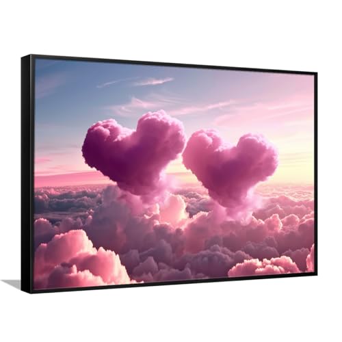 Cloud Hearts Framed Canvas Poster Pink Sky at Sunset Romantic Wall Art for Bedroom Couples Living Room Nursery Teen Room Studio Entryway Office Gallery Wrapped(26"X40"Black-Frame)