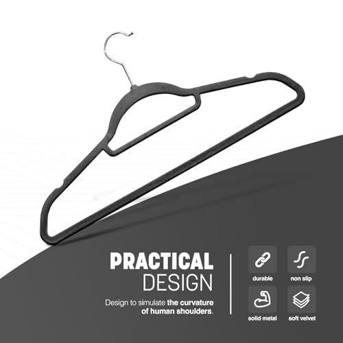 KEPLIN Velvet Hangers 20 Pack - Non-Slip Clothes Hangers with Tie Bar & 360° Hook - Durable & Sturdy, Space-Saving Wardrobe Organisers for Suits, Jackets & Clothes- Home Storage Solution (Black) - Image 2