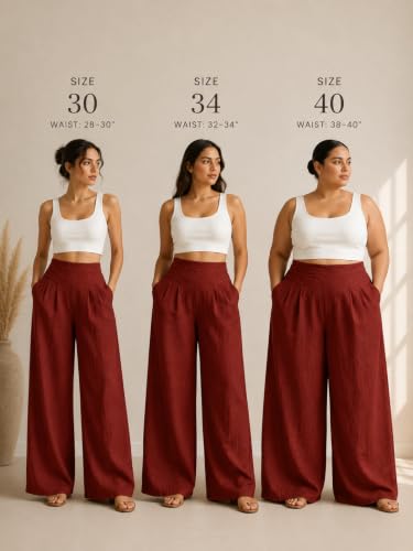 Image of Womanista Women's Relaxed Fit Pure Cotton Linen Flared Palazzo Pants for Woman | Wide Leg Casual Trouser with Pockets | Plazo pants for Women | High Waist Office & Travel Wear (Available in plus size)
