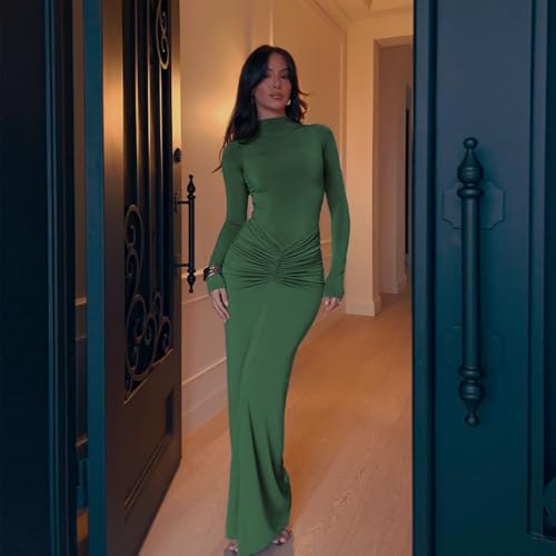 Image of Women's Sexy Turtleneck Long Sleeve Maxi Dress Elegant Ruched Bodycon Long Dress Casual Party Dresses