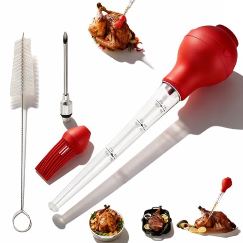 Yayaboqu Turkey Baster with Cleaning Brush, Meat Injector Syringe with Detachable Silicone Bulb, 304 Stainless Steel Needle and Basting Brush for Roasting Chicken, 22ml Capacity (Red)