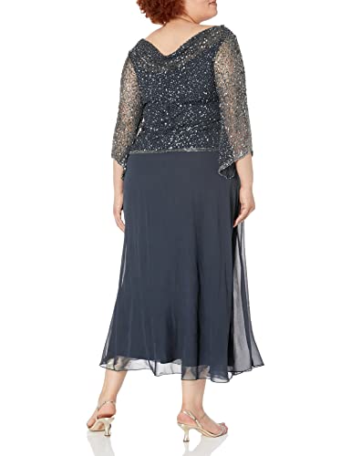 J Kara Women's Plus Size Long Beaded Dress With Cowl Neck, Grey/Gun, 16W #TOP1