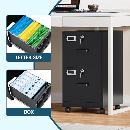 Image of MIIIKO 2 Drawer File Cabinet with Lock, Vertical Metal Filing Cabinets for Home Office, Lockable Storage File Cabinets Under Desk, A4 /Letter File Folders(Black)-Assembly Required