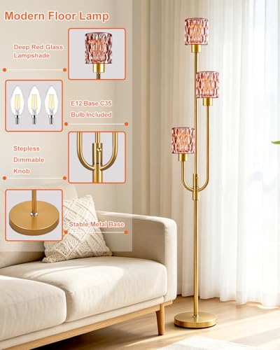 Image of 66IN Glass Floor Lamp 3-Lights Modern Gold Dimmable Floor Lamps with 3000K Warm White Bulbs for Wedding Party Standing Tall Lamp with Deep Red Glass Shade for Living Room /Bedroom /Home Decor