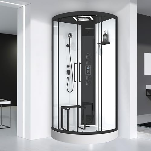 Marwell Dampf Duschkabine – Komplettdusche Spa Round 95x95x220cm – Fertigdusche mit Acrylwanne und Armatur – Regendusche – Glasdusche mit Radio & Bluetooth Lautsprecher – Wellness Dusche für Zuhause