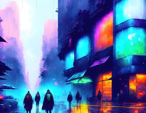 Pluie néon poster cyberpunk pour salon moderne, toile de ville post-apocalyptique 58x90