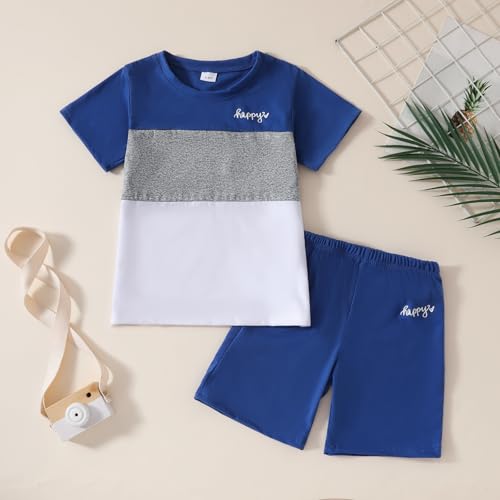 Image of Yoxindax Toddler Kid Boy Clothes Colorblock Letter Graphic Tee Shorts 2PC Summer Outfit Set