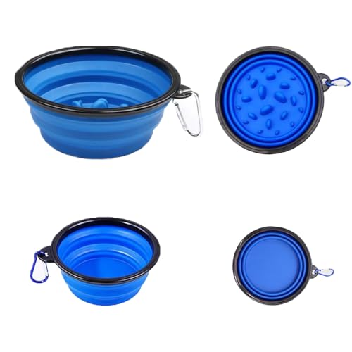 SunyGlowy Pet Blue Collapsible Bowl Double Set - Slow Feeder Anti-Choke Bowl + Outdoor Portable,Foldable Dog Drinking,Slow Speed,Food&Dog pet Folding,Convenient,Foldable （Blue）