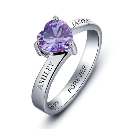 Sterling Silver Promise Ring For Her, Solitaire Big Heart Birthstone Ring for Women, Engraved Customized Personalized Sizes 5-114