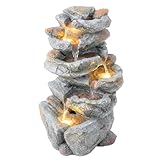 Outsunny Fontaine de Jardin Cascade 6 Niveaux   Décoration de Jardin Zen Résine Pierre Naturelle   53cm Cascade d'eau Lumineuse LED pour Terrasse, Balcon et Extérieur, Gris