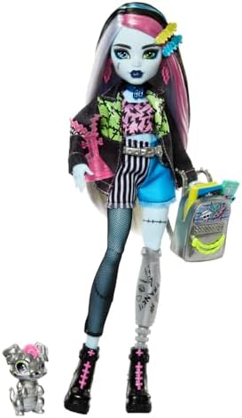 Monster High Frankie Stein Doll in Denim Jacket and Shorts, Includes Pet Dog Watzie and Accessories Like a Backpack, Snack and Notebook