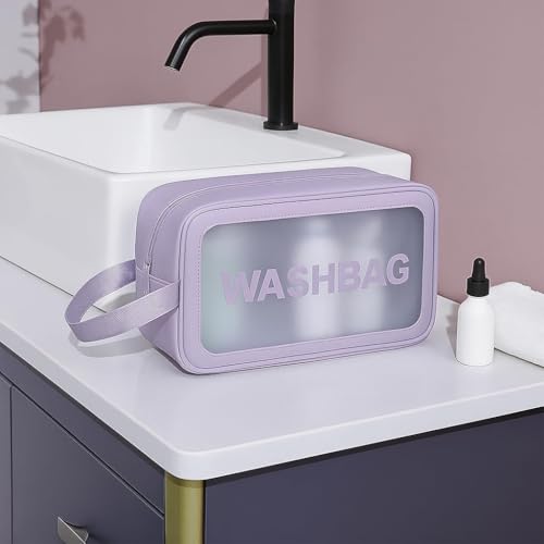 Image of KASHIVAL 3-Piece Clear Travel Toiletry Bags Set, Waterproof Transparent Makeup Organizer Pouches with Zipper, Large Medium Small Cosmetic Storage Cases with Carrying Handle (Purple)