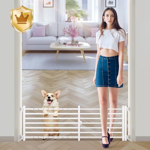 Malier Indoor Dog Gate with Door, 34-55" Extra Wide Full Metal Pet Gate Short Dog Gate for Stairs, Pressure Mount 14'' Tall Small Puppy Low Gate Easy Step Over for Doorways