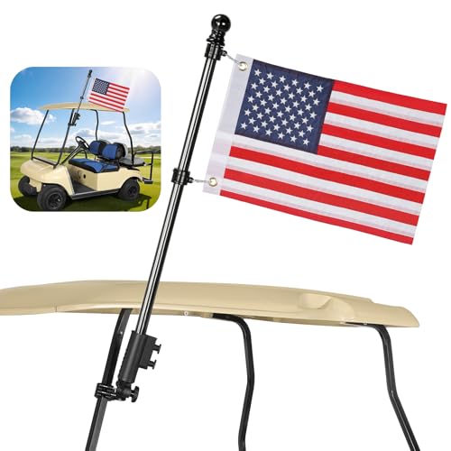 Golf Cart Flag Pole with Flag Holder Mount Kit,Fit for Yamaha,Club Car,EZGO Golf Cart,Golf Push Cart,Boat,Bike,Heavy Duty Aluminium Alloy Base Windproof Black Mounting Bracket Included USA Flag