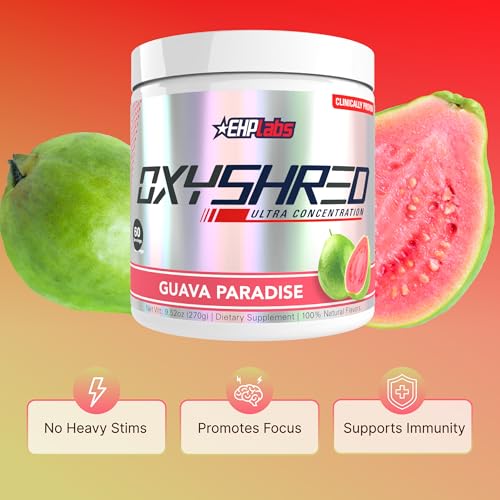 Image of EHP Labs OxyShred Pre Workout Powder & Shredding Supplement - Preworkout Powder with L Glutamine & Acetyl L Carnitine, Energy Boost Drink - Guava Paradise, 60 Servings