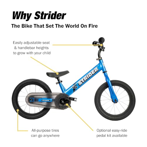 Image of Strider 14x Classic, Awesome Blue - Balance Bike for Kids 3 to 6 Years -Includes Kid Sized Grips, Padded Seat, Performance Footrest, All-Purpose Tires Easy Assembly, Tool-Free Adjustments
