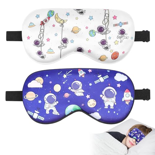 TeTupGa Blackout Kids Sleep Mask for Boys，2 Pack Silk Eye Mask for Sleeping with Adjustable Strap, Teens Children's Bedtime Eye Cover for Travel & Home Use (2 Pack Space Style)