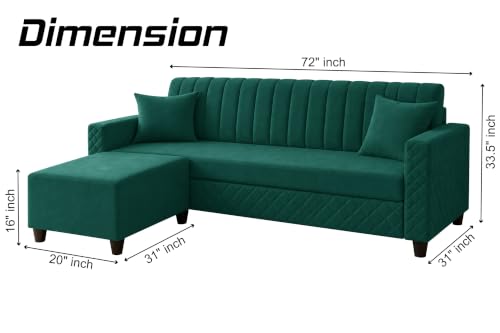 Image of 3 Seater Velvet Sofa with Ottoman | Modern Upholstered Couch | Quilted Design | Soft Comfortable Seating | Sturdy Wooden Frame | Living Room, Office- Green