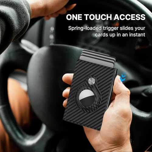 Image of Mens Pop Up Wallet for AirTag: Premium Genuine Leather, RFID Blocking, Smart, Minimalist, 9-14 Card Capacity, ID Window, Cash Slot (Carbon Black)