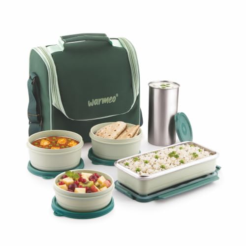 Image of WARMEO Micro Meal Microwave Safe Lunch Box | 1 Rectangular Container 600ml + 2 Round Containers 350ml Each + 1 Round Container 250ml + 1 Steel Tumbler 500ml | Office,School,Picnic,Green