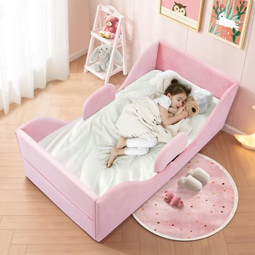 CAPAKIDDO Toddler Bed Child Bed for Kids with Safety Rails Standard Crib Size Toddler Bed Frame for Kids 1-7 Years Certified Soft Velvet Montessori Bed (Pink)