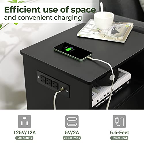 Ephex Nightstand With Charging Station And Usb Ports, Modern End Side Table With Cabinet And Open Storage, Bedside Table For Bedroom, Black #TOP3