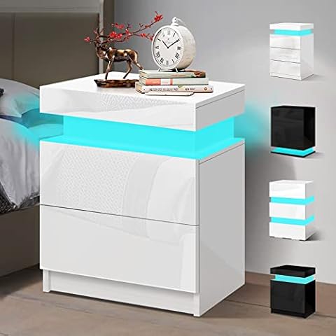 ELFORDSON Bedside Table with 2 Drawers, 4 Sides High Gloss LED Bedside Cabinet with 16 Colours, Side Cabinet Nightstand Bedroom Living Room Furniture White Cover