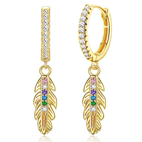 KRFY Pendientes de Plata de ley 925 Para Mujer Pendientes de Aro de Plata S925 con Circonita Cúbica Pendientes de Aro de Plumas Huggie Colgantes Para Niñas Adolescentes