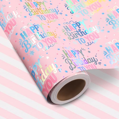 woric Reversible Birthday Wrapping Paper Girls 17 Inch x 33 Feet Pink Metallic Holographic Happy Birthday & Stripe Pattern Gift Wrapping Paper for Girls Women Party Celebrations