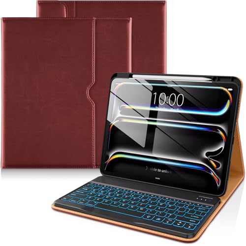 Image of DTTO for iPad Pro 13 Inch Case with Keyboard M5 /M4 2025 /2024, 7 Colors Backlit Wireless Detachable Keyboard Premium Leather Folio Cover with Pencil Holder & Pocket, Burgundy Red