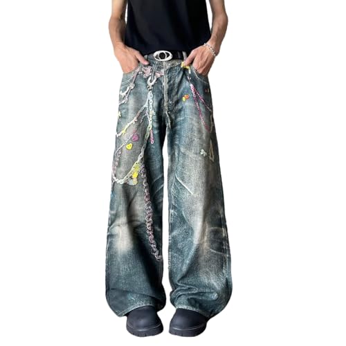 Men's Retro high Street Hip-hop Chain Printed Jeans Punk Y2K high Waist Wide Leg Harajuku Hip-hop Pants