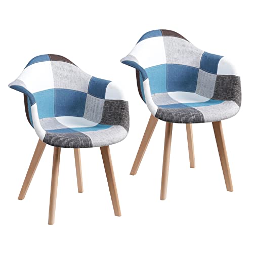 GrandCA HOME Lot de 2 Ffauteuils Patchwork Scandinaves avec Pieds en Bois de Hêtre Massif et Assise en Polyester Rembourré Multicolore, Bleu