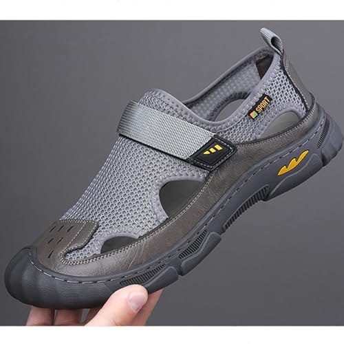 MILDSEVEN Fashion Men's Handmade Sandals, Closed Toe Hiking Sandals, Hollow Out Backpacking Beach Shoes,9.5,Grey3