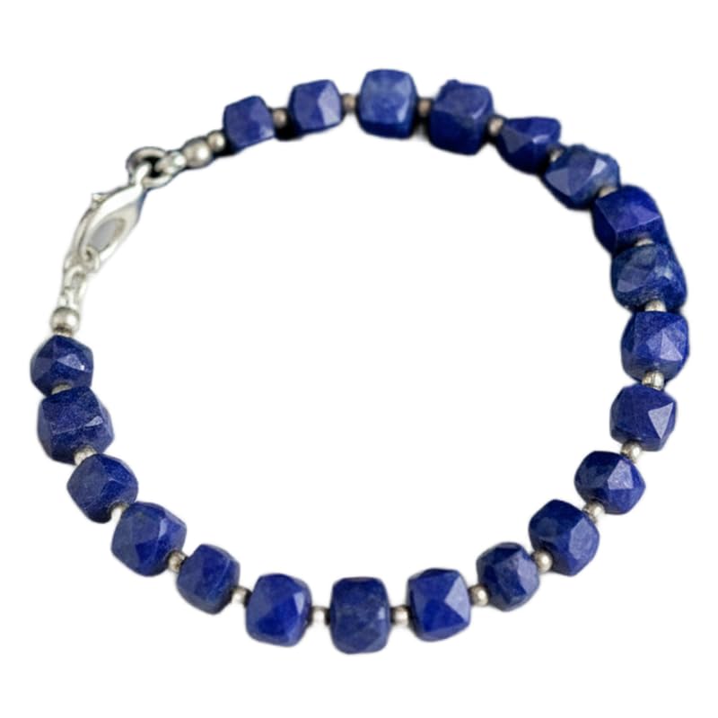 Bracelet en lapis-lazuli naturel facetté carrée 18cm, bijou fait main en pierre bleue